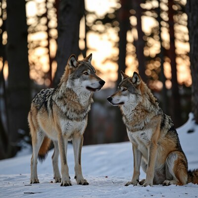 Two wolves in snowy forest
