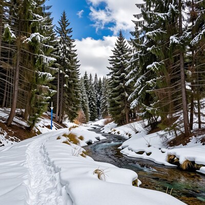 Snowy Forest Creek in Winter