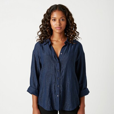 Woman in blue linen shirt