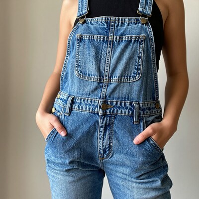 Woman in blue denim overalls