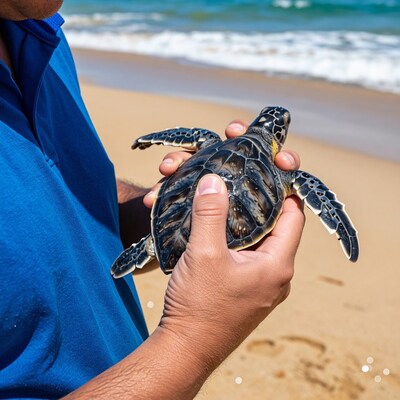 Man holding baby sea turtle