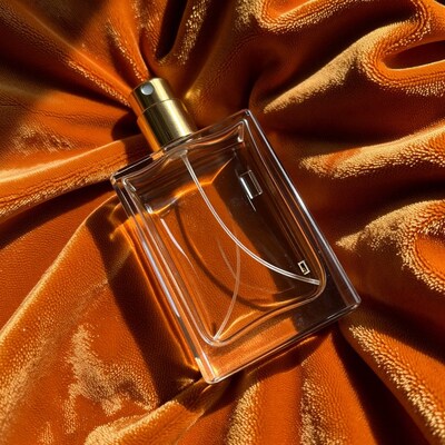 Perfume bottle on orange velvet