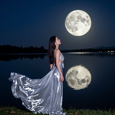 Woman in silver dress by full moon lake