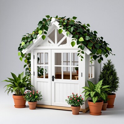 White Garden Shed with Potted Plants