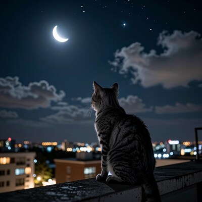 Cat gazing at crescent moon
