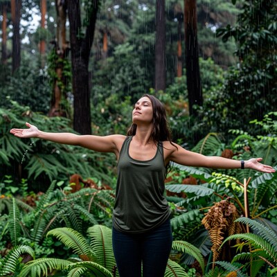 Woman embracing rain in forest