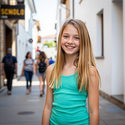 Smiling blonde girl in turquoise top