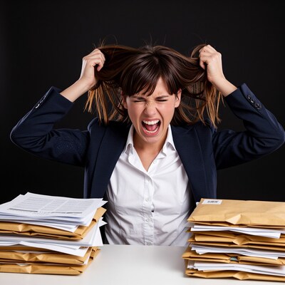 Stressed Woman Overwhelmed by Paperwork