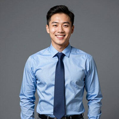 Smiling Asian Man in Blue Shirt