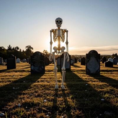 Skeleton in graveyard at sunset