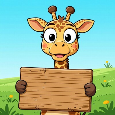 Cartoon Giraffe Holding Wooden Sign