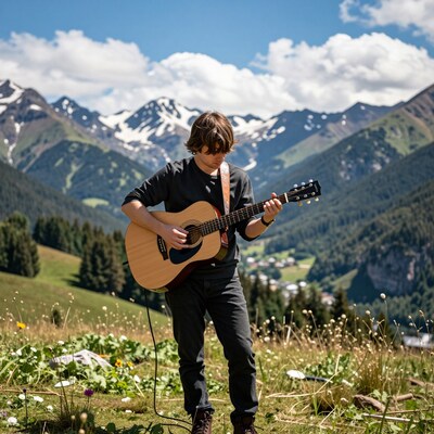 Man playing guitar in mountains