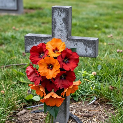Stone cross with red orange flowers