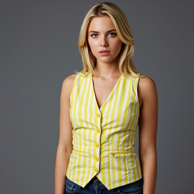 Blonde woman in yellow striped vest