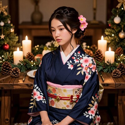 Japanese woman in kimono at Christmas