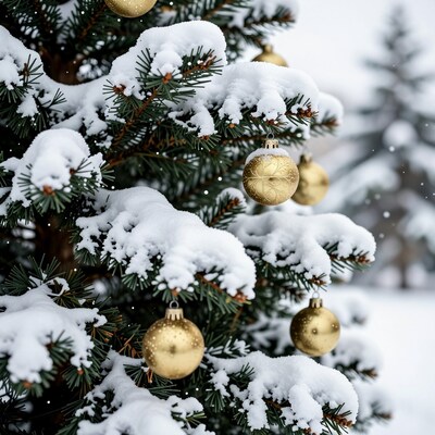 Snowy Christmas Tree with Gold Ornaments