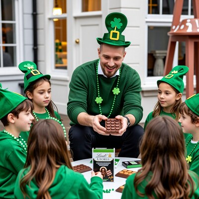 Man with kids in St Patrick's hats sharing chocolate