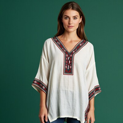 Woman in White Embroidered Tunic