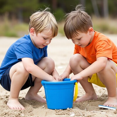 Two boys playing with sand bucket