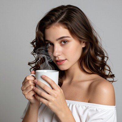 Woman holding steaming white coffee mug