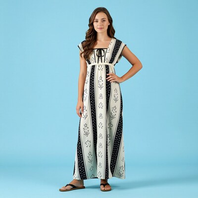 Woman in patterned maxi dress