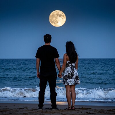 Couple watching full moon on beach