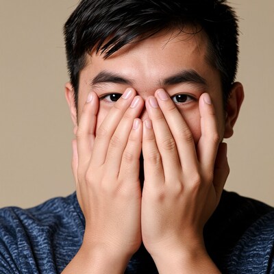 Young Asian man covering eyes