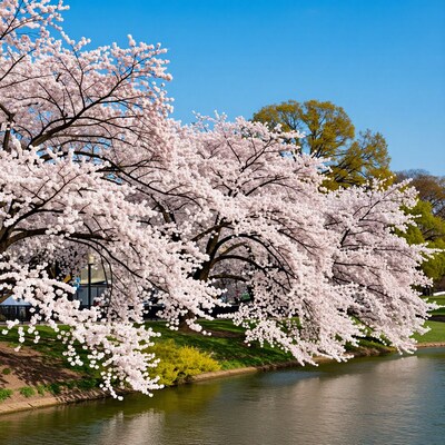 Cherry Blossom Trees by Lake