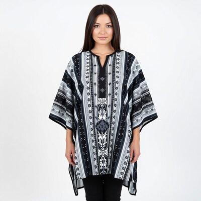 Woman in Black White Patterned Poncho