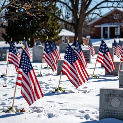 American Flags in Snowy Cemetery