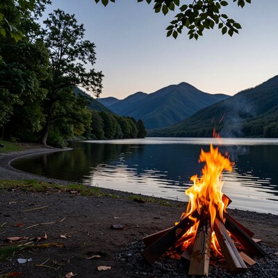 Campfire by Mountain Lake