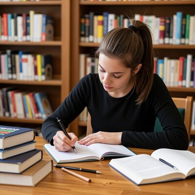 Young woman studying in library