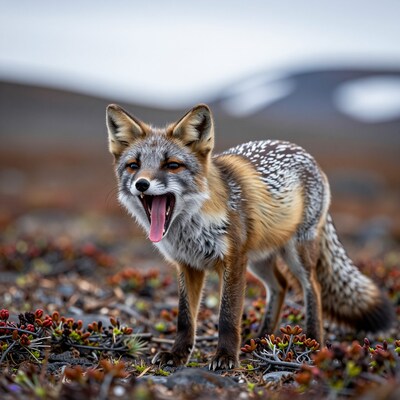 Yawning Arctic Fox in Tundra