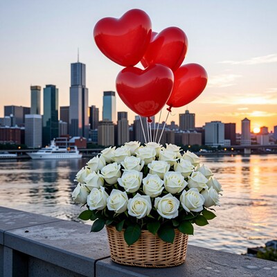 White Roses Heart Balloons City Sunset