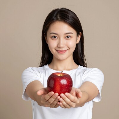 Asian woman offering red apple