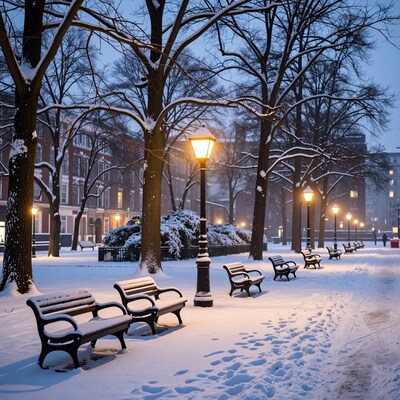 Snowy Winter Park at Dusk