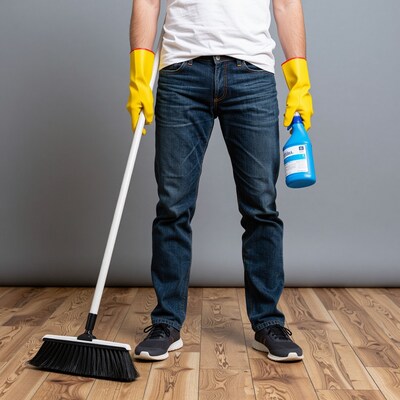 Man cleaning floor with broom and spray