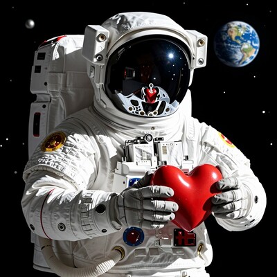 Astronaut Holding Red Heart in Space