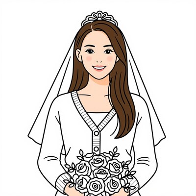 Cartoon Asian Bride with Bouquet