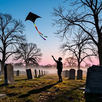 Boy flying kite in cemetery