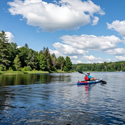 Man Kayaking on Lake