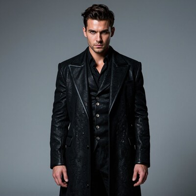 Man in black leather trench coat