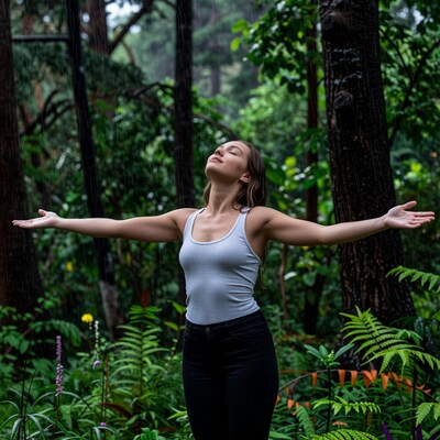 Woman embracing rain in forest
