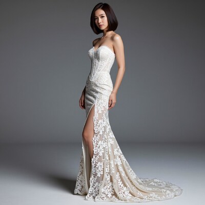 Asian woman in white lace wedding dress