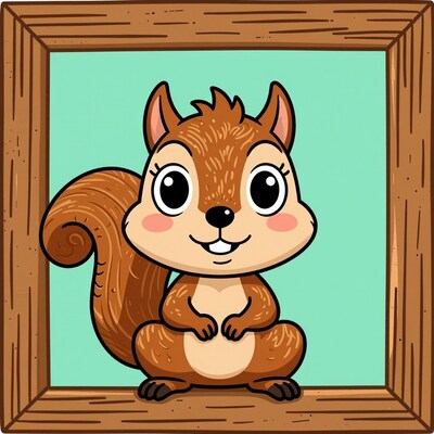 Cartoon Squirrel in Wooden Frame