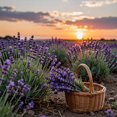 Lavender Field Basket at Sunset