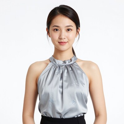 Young Asian woman in gray halter top