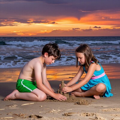 Kids building sandcastle at sunset beach