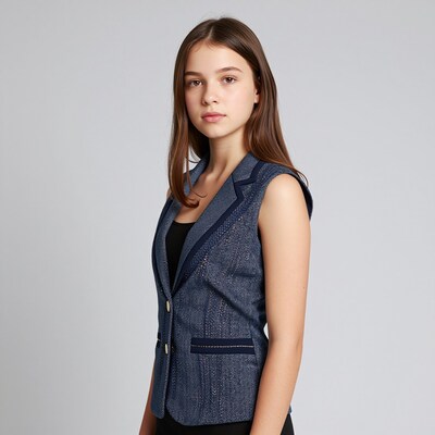 Young woman in blue sleeveless blazer