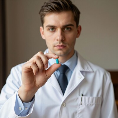 Male doctor holding blue pill